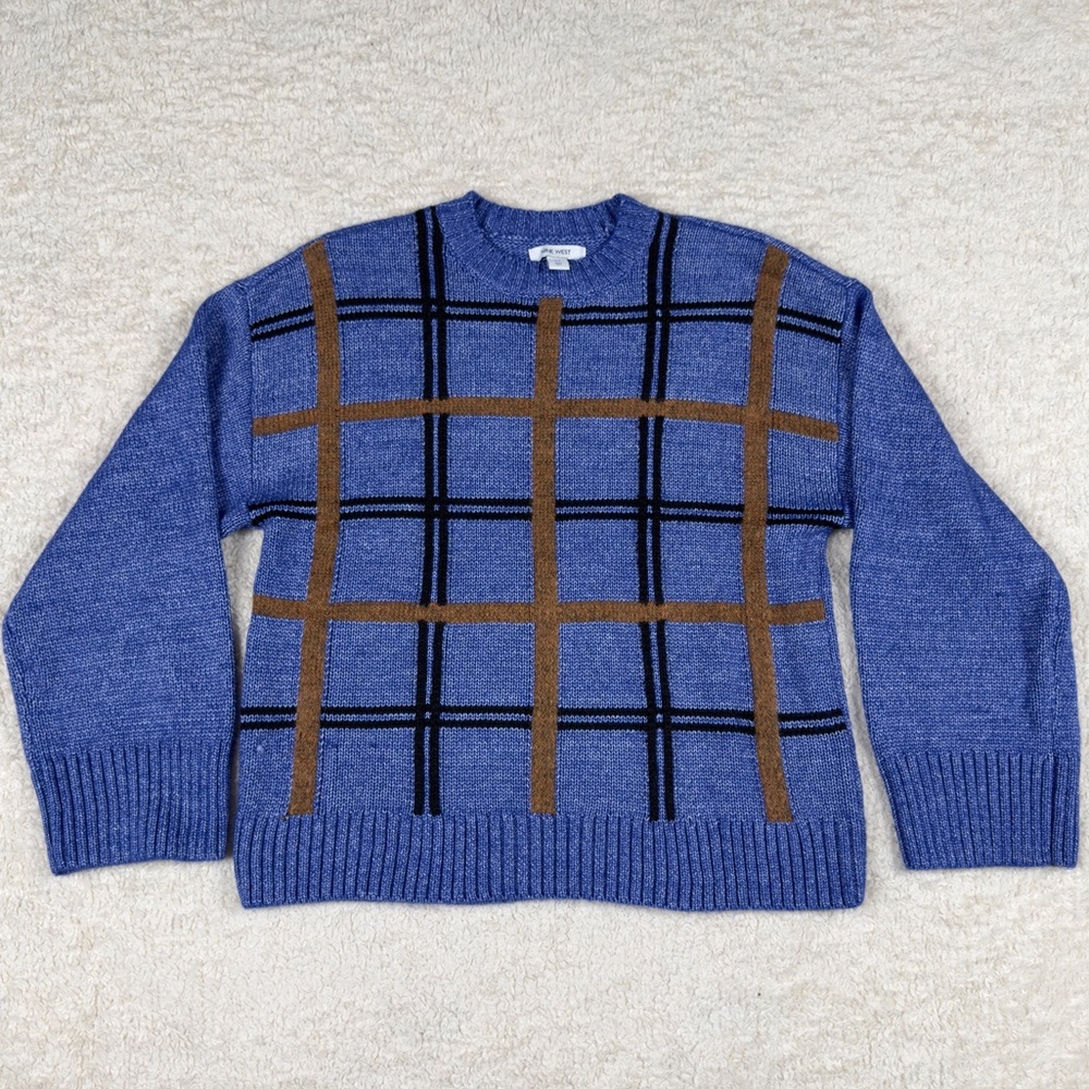 Nine West | Women's Blue Plaid Knit Crewneck Sweater | Medium | NWOT